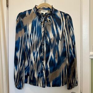 Ports 1961 Blue and Taupe Silk-Blend Tie-Neck Blouse